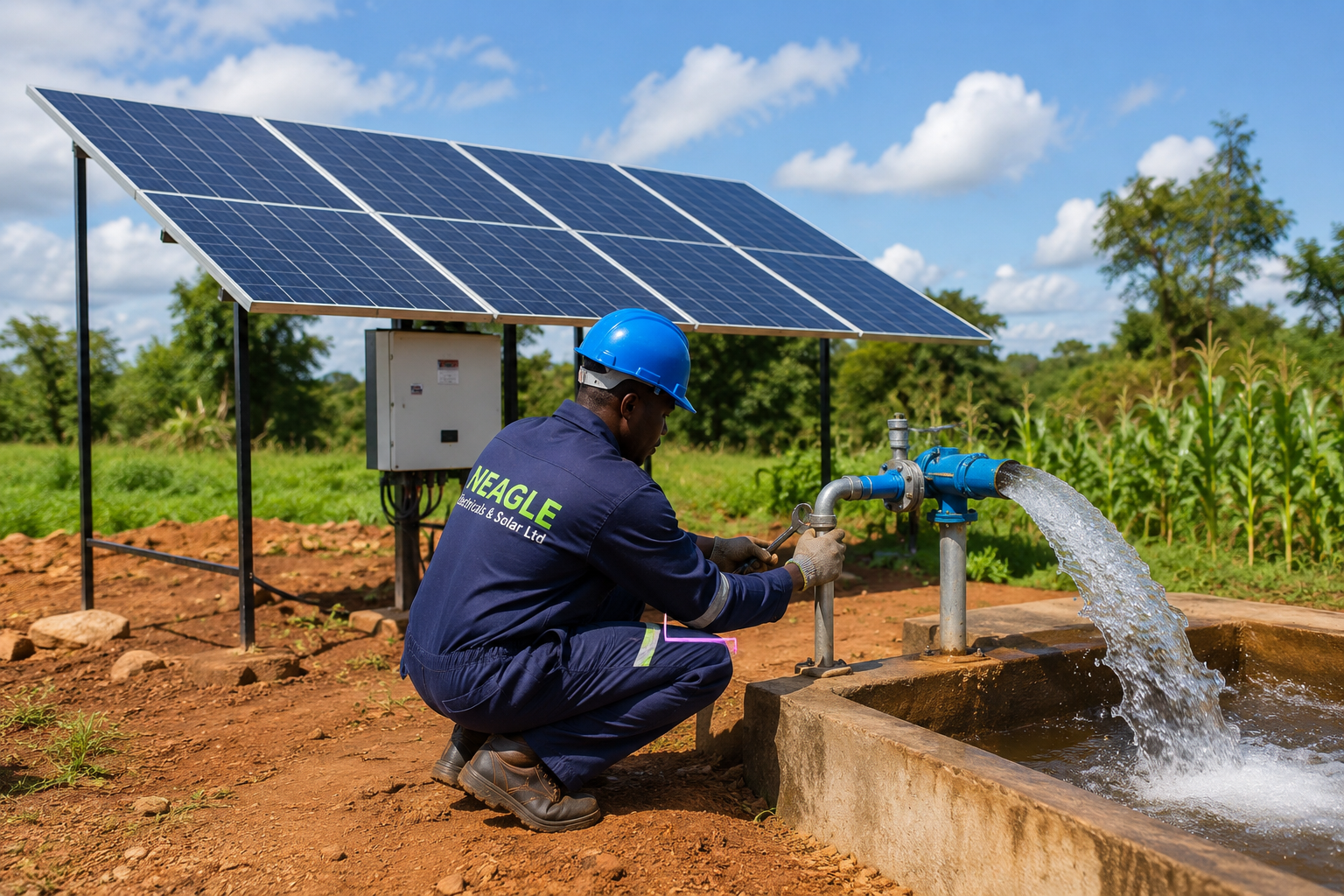 Neagle Electricals and Solar engineer checking water flow from a solar water pumping system in Kenya