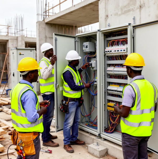 Neagle Electricals and Solar team working on electrical installation and meters in Kenya